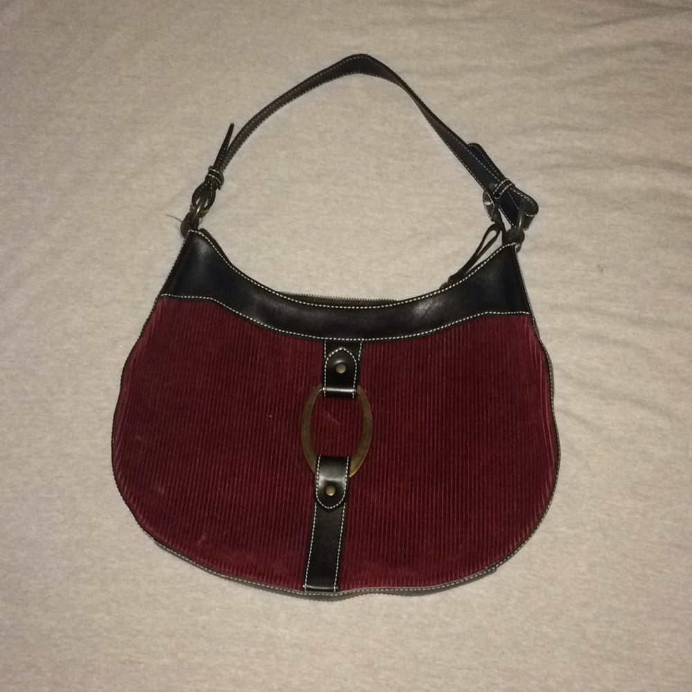 Soft red corduroy purse with real metal oval.